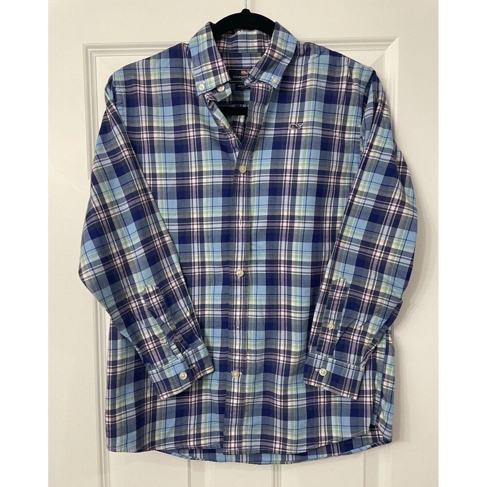 Vineyard Vines Boys M (12-14) Plaid Cotton Button-Down Long Sleeve Whale Shirt